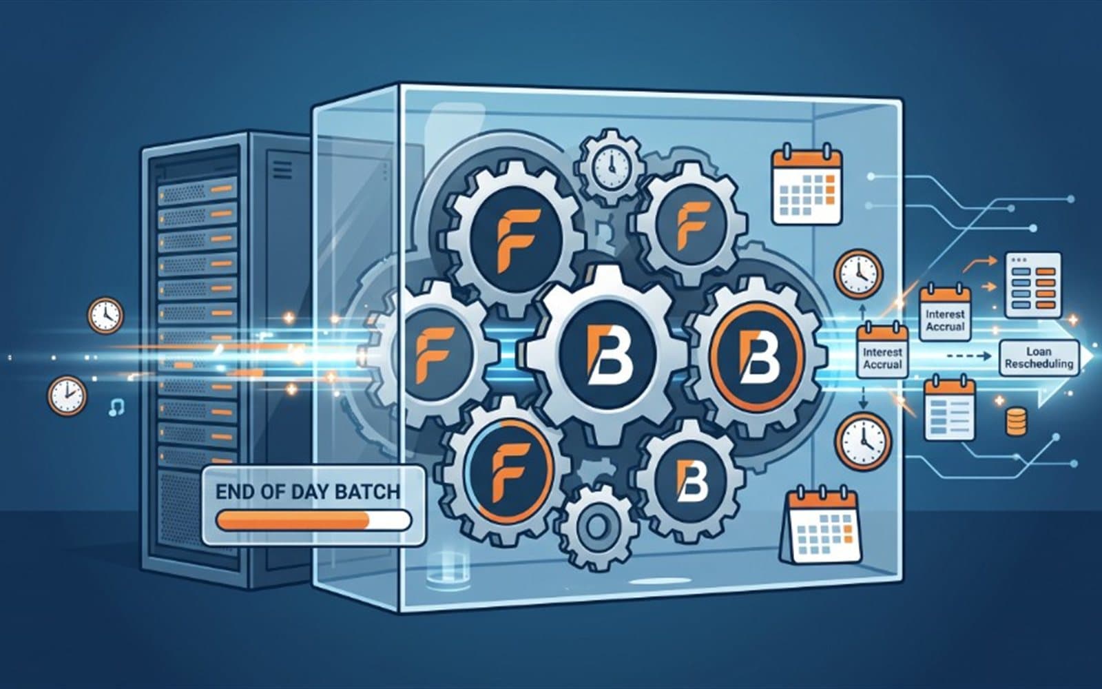 Illustration of Fineract and BANKAYO gears running an end-of-day batch