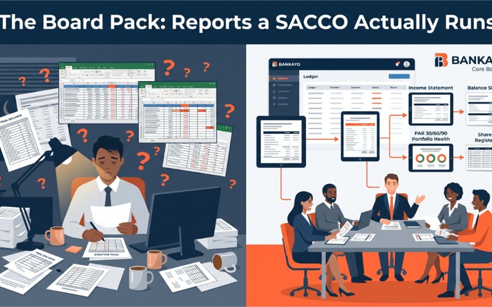 Illustration of a late-night Excel rebuild versus a board pack printed from the BANKAYO ledger — income statement, balance sheet, PAR, share register