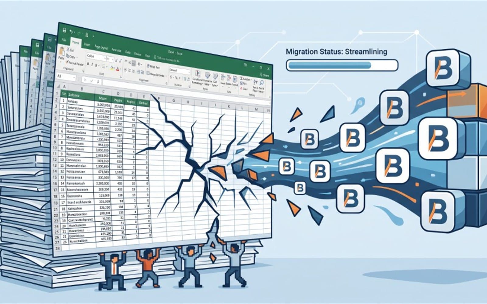Illustration of a cracked spreadsheet giving way to BANKAYO letter tiles