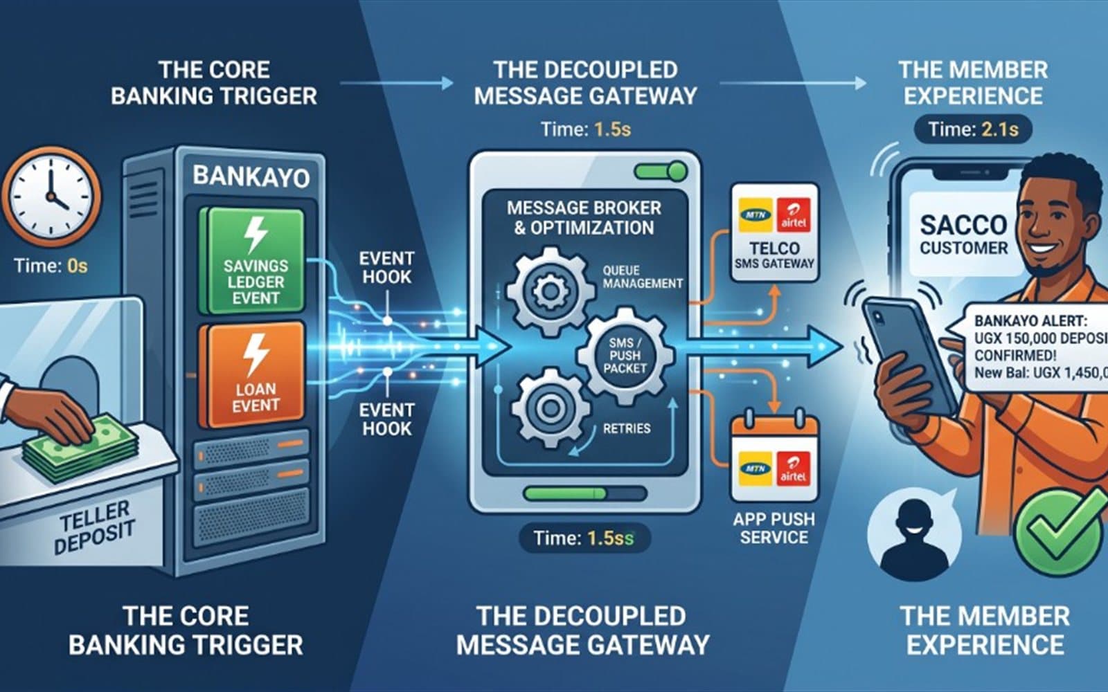 Illustration of a teller posting flowing through a message gateway to a member’s phone
